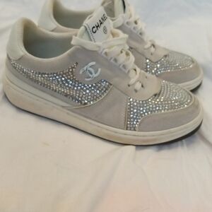 CHANEL White and Silver Crystal Embellished Sneakers
